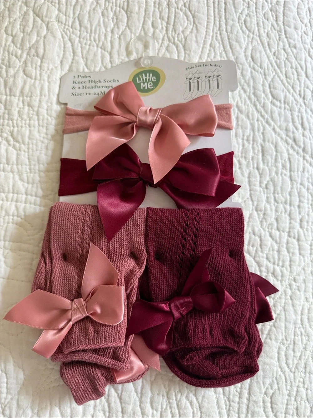 ✅Little Me Pink & Burgundy Bow Knee-High Socks and Headwrap Set